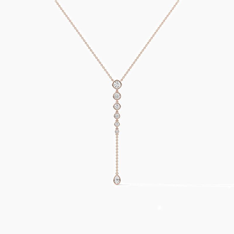 18K Solid Gold Lab Grown Diamond Cushion & Round Lariat Necklace - Side View | Riyanika Jewels