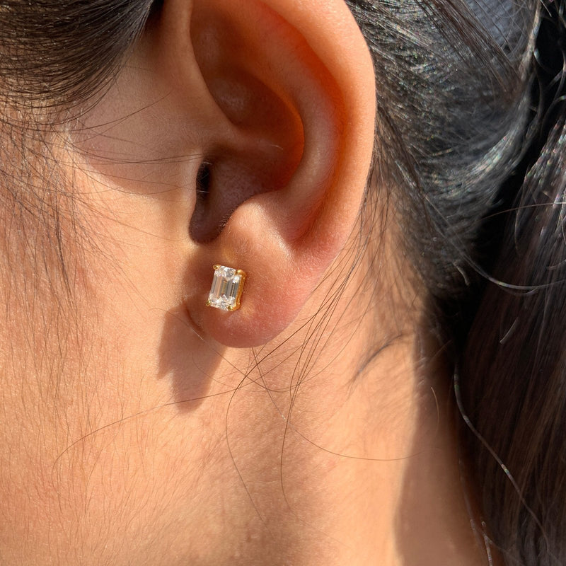14K Natural Diamond Emerald Cut Solitaire Earrings