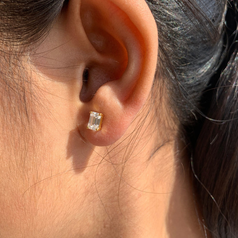 18k Solid Gold Emerald Cut Natural Diamond Solitaire Studs Earrings - View 6 | Riyanika Jewels