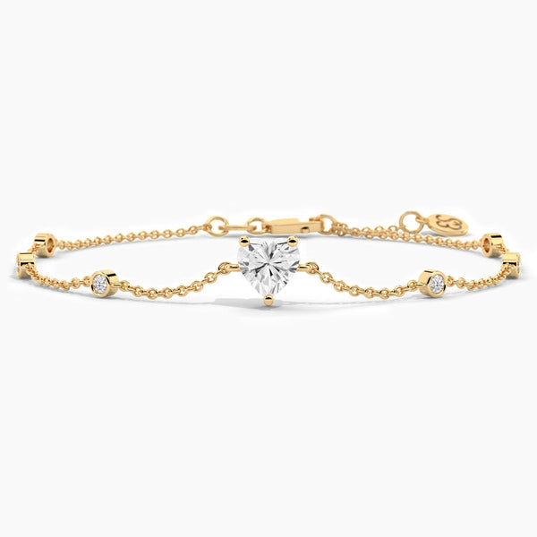 14K Solid Gold Lab Grown Diamond Station Bracelet | Heart Cut Lab Grown Diamond