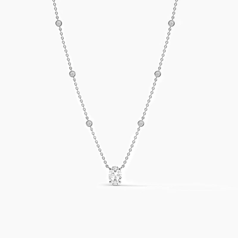 18k Solid Gold Oval Cut Lab Grown Diamond Yard Necklace - Side View | Riyanika Jewels