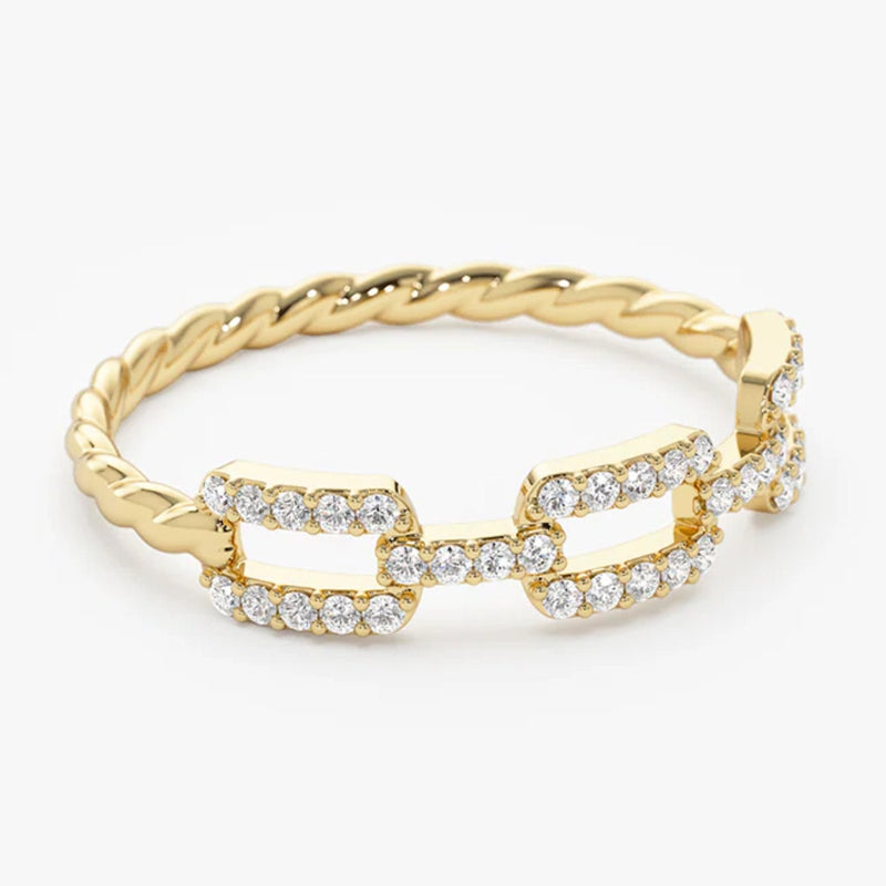 18K Solid Gold 0.38 CT Lab Grown Diamond Chain Link Twisted Rope Engagement Ring - Close Up