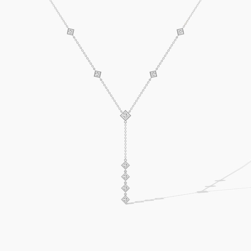 18k Solid Gold Natural Diamond Princess Cut Lariat Station Necklace | Statement Necklace - View 6