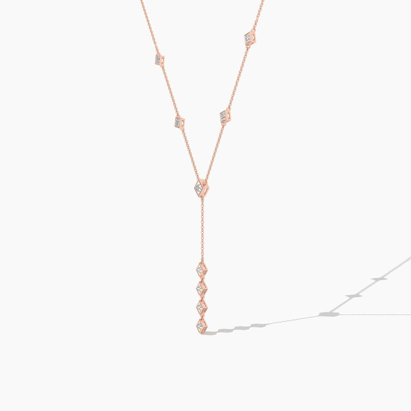 18k Solid Gold Natural Diamond Princess Cut Lariat Station Necklace | Statement Necklace - View 7