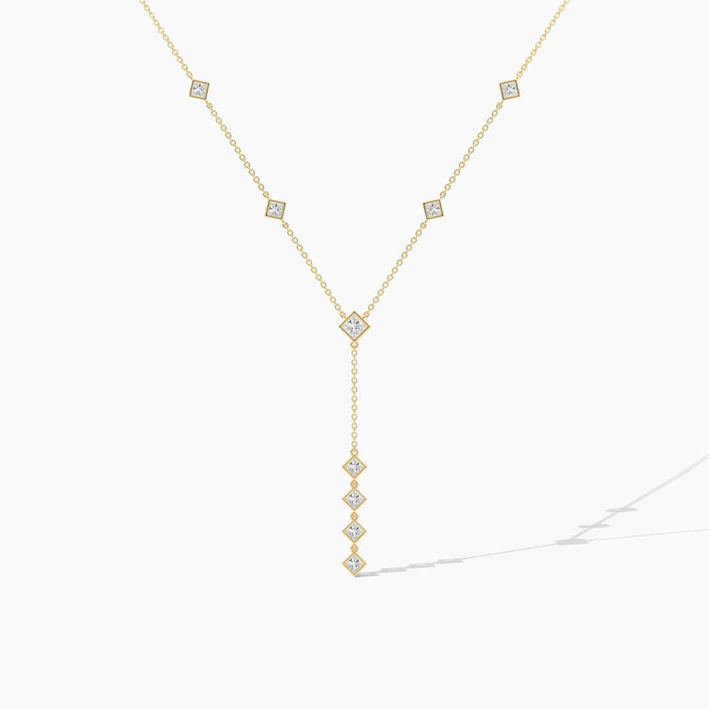 18k Solid Gold Natural Diamond Princess Cut Lariat Station Necklace | Statement Necklace - Side View