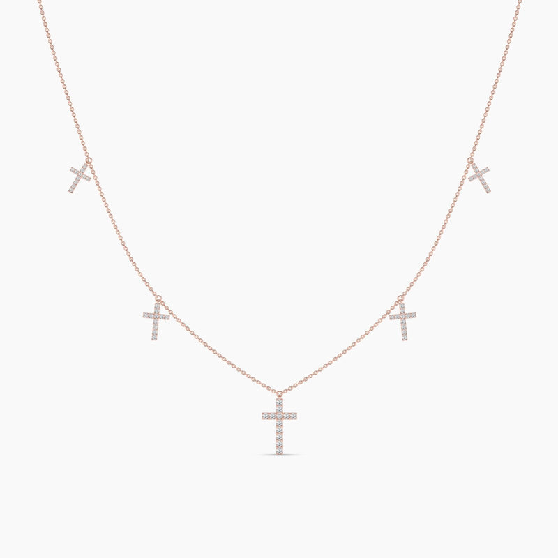 18k Solid Gold Natural Diamond Cross Station Necklace - Alternate Angle | Riyanika Jewels