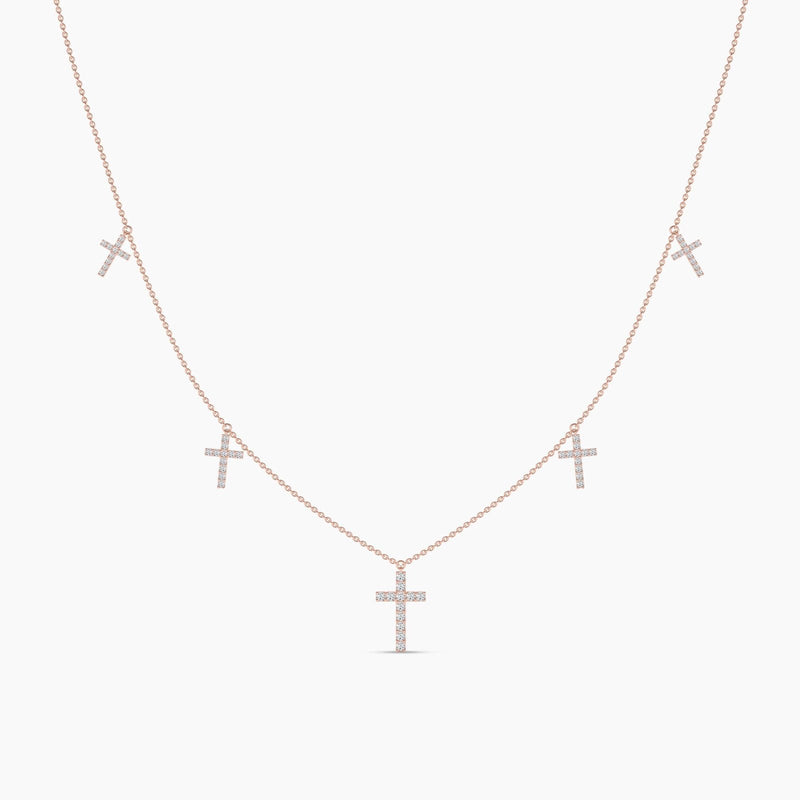 14K Solid Gold Natural Diamond Cross Station Necklace