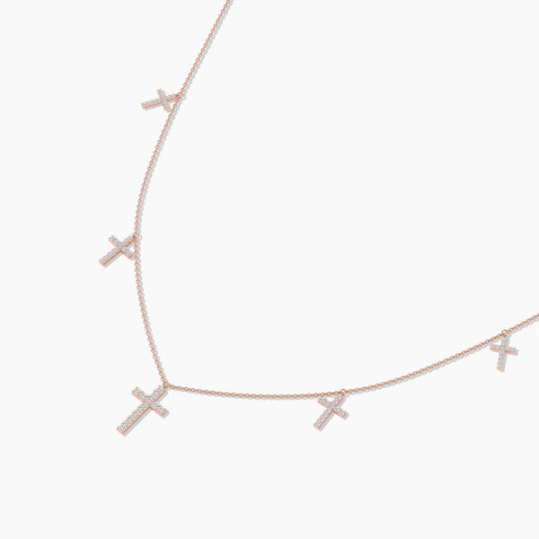 18k Solid Gold Natural Diamond Cross Station Necklace - Side View | Riyanika Jewels