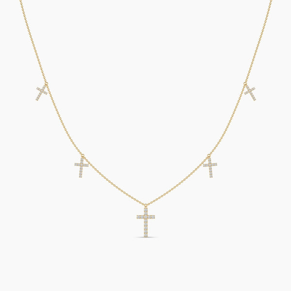 14K Solid Gold Natural Diamond Cross Station Necklace