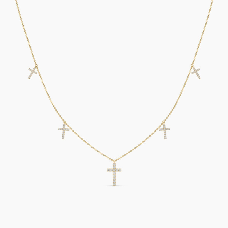 14K Solid Gold Natural Diamond Cross Station Necklace