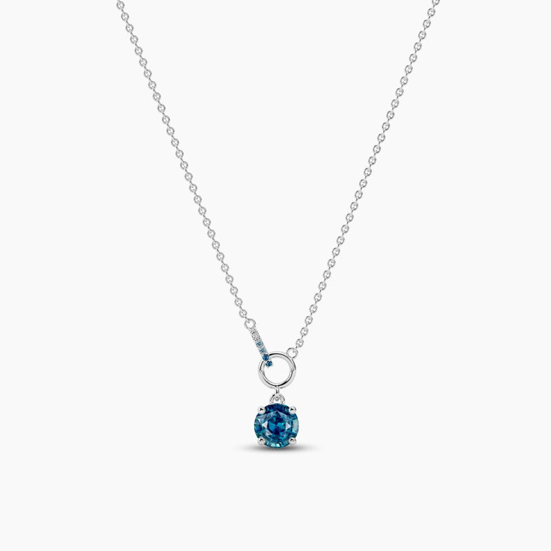 18k Solid Gold 1.00ct Round Blue-green Sapphire & Natural Diamond Necklaces For Women - Detail