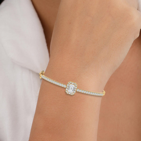 18k Solid Gold Halo Lab Grown Diamond Bangle Bracelet - Side View | Riyanika Jewels