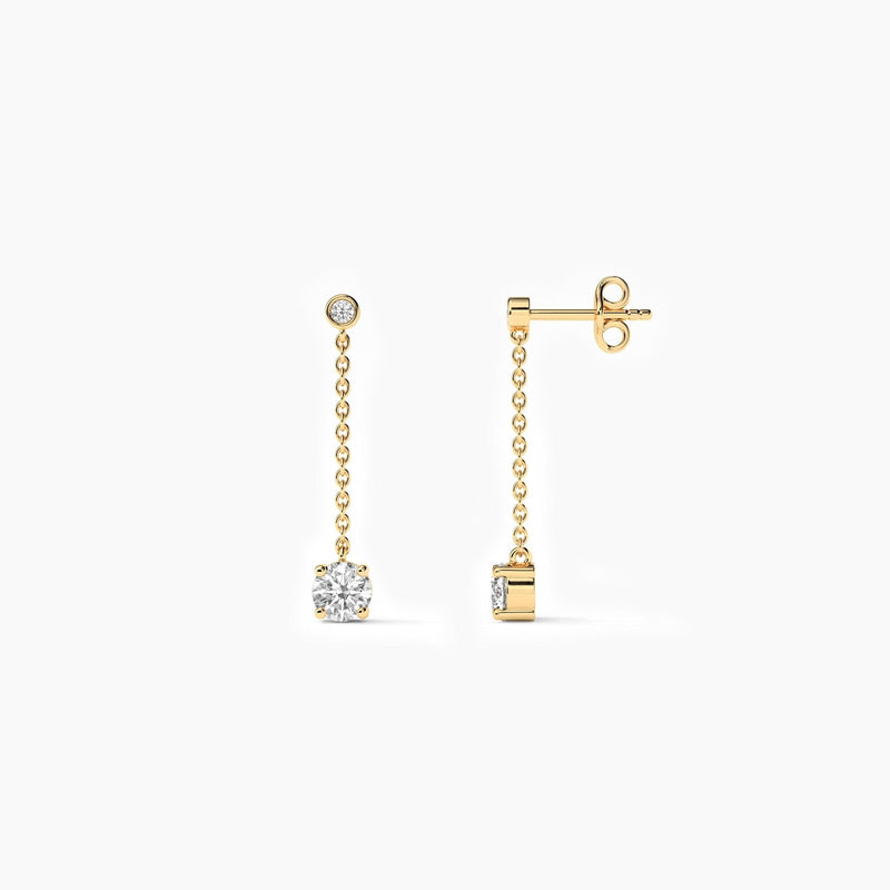 18k Solid Gold Lab Grown Diamond Dangle Drop Earrings - Close Up | Riyanika Jewels