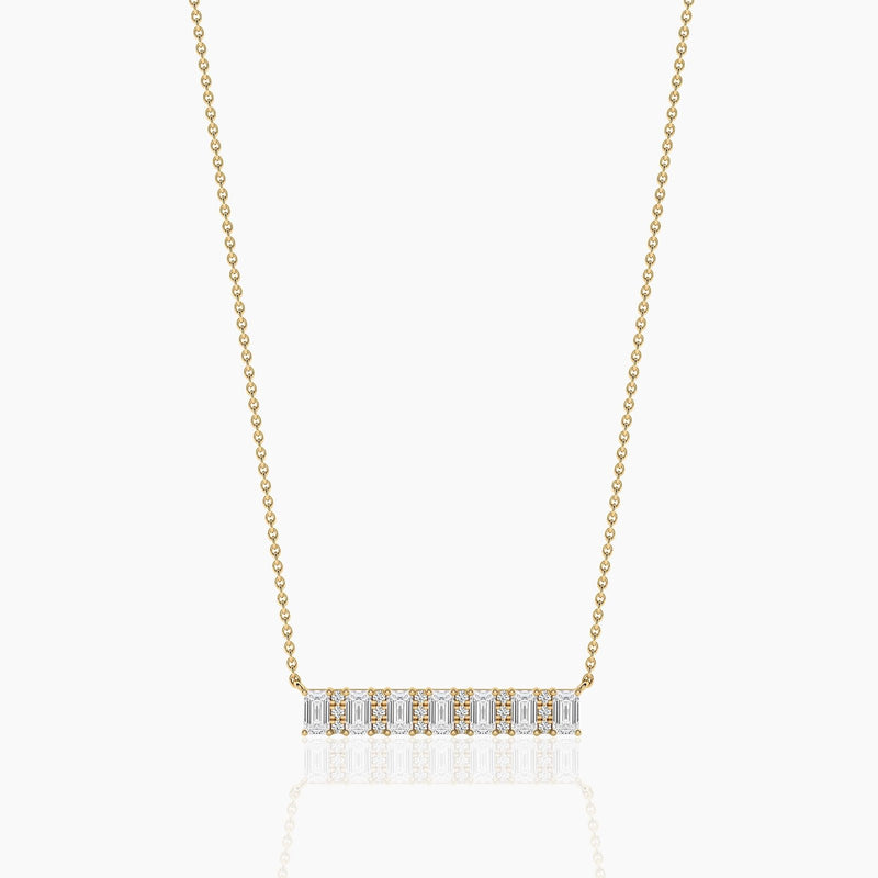 18k Solid Gold Emerald & Round Cut Natural Diamond Bar Necklace