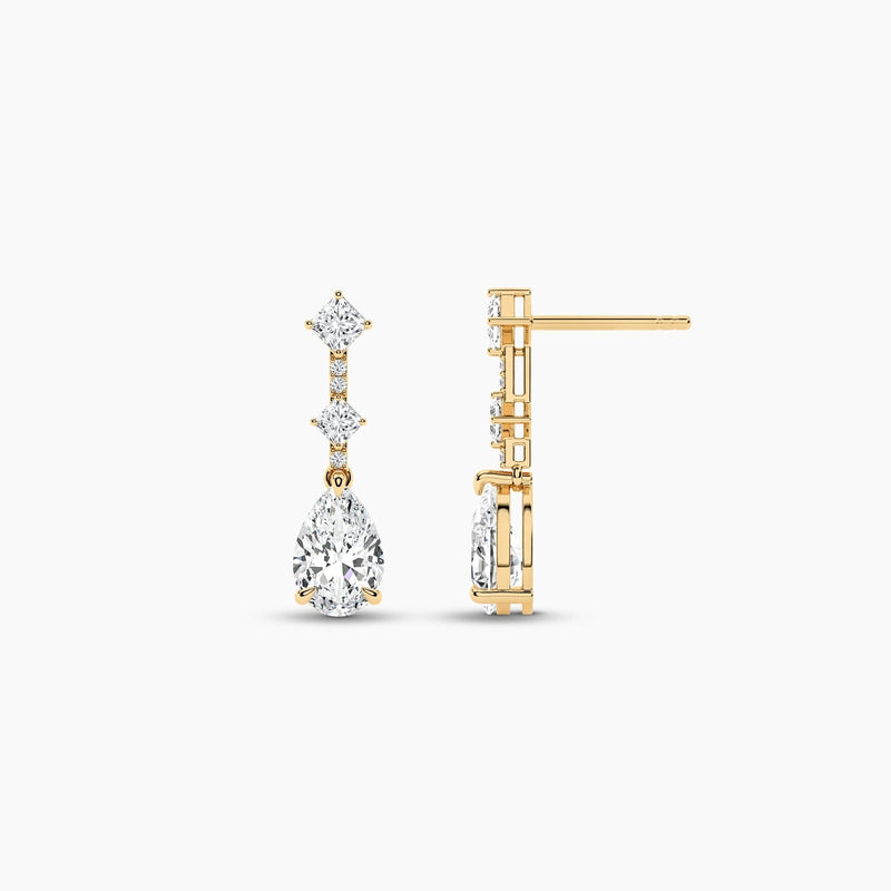 18k Solid gold Natural Diamond Pear, Princess and Round Cut Dangle Drop Earring - Alternate Angle