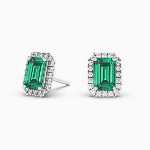18k Solid Gold Natural Diamon Green Emerald Stud Earring - Side View | Riyanika Jewels