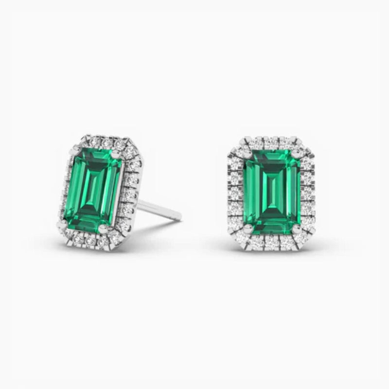 18k Solid Gold Natural Diamon Green Emerald Stud Earring - Side View | Riyanika Jewels