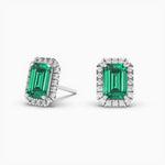 14K Solid Gold Natural Diamon Green Emerald Stud Earring