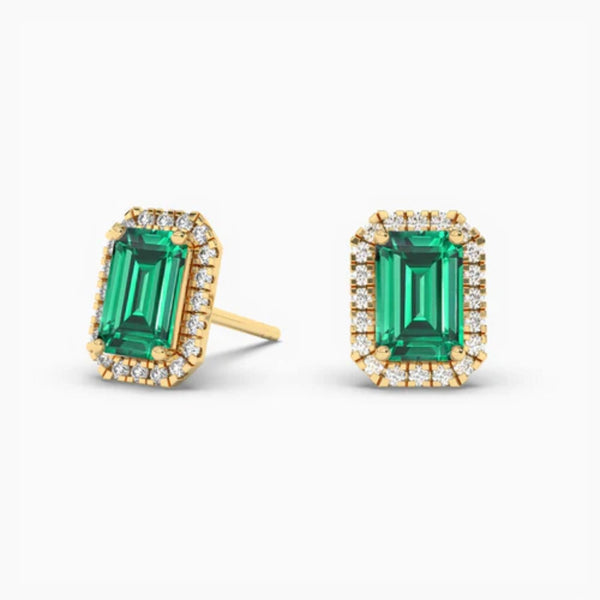 18k Solid Gold Natural Diamon Green Emerald Stud Earring | Riyanika Jewels