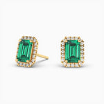 14K Solid Gold Natural Diamon Green Emerald Stud Earring