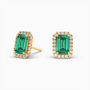 14K Solid Gold Natural Diamon Green Emerald Stud Earring