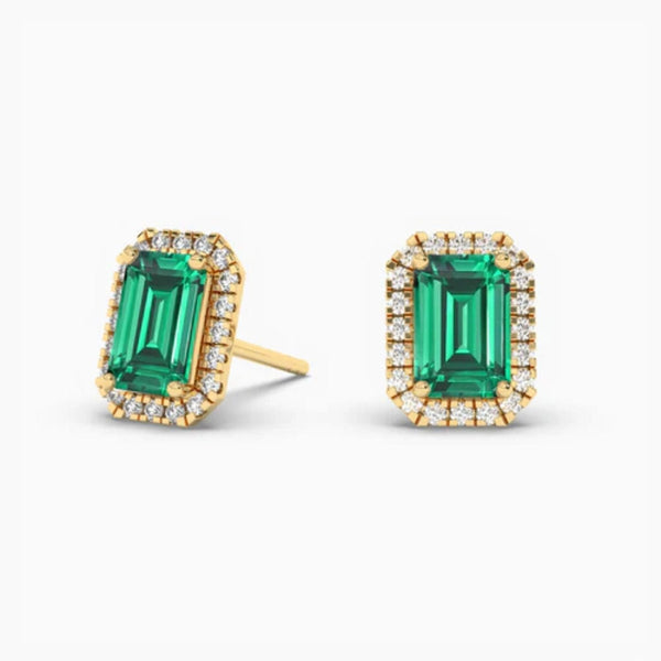 14K Solid Gold Natural Diamon Green Emerald Stud Earring