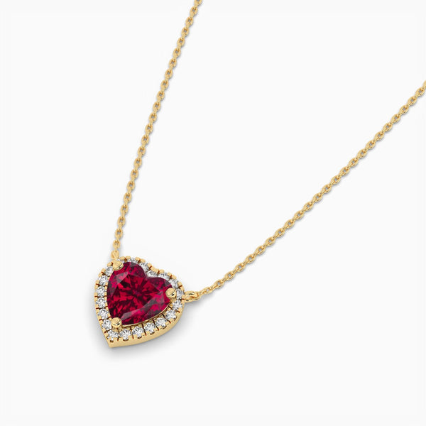 18k Solid Gold Ruby Natural Diamond Halo Style Pendant Necklace - Side View | Riyanika Jewels