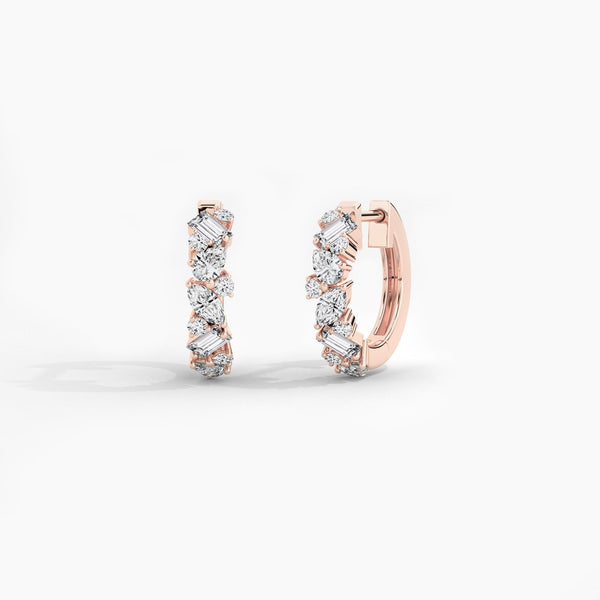 14k Solid Gold Multi-shape Natural Diamond Huggie Earrings - Side View | Riyanika Jewels