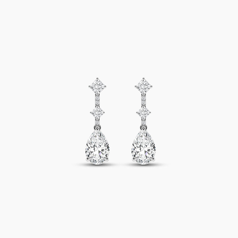 18k Solid gold Natural Diamond Pear, Princess and Round Cut Dangle Drop Earring - Side View