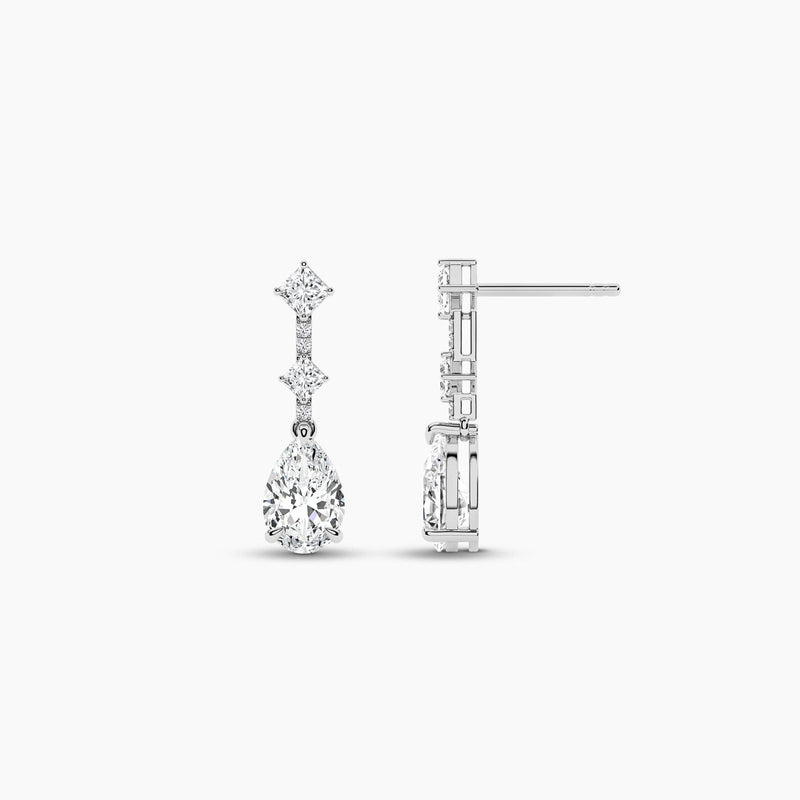 18k Solid gold Natural Diamond Pear, Princess and Round Cut Dangle Drop Earring - Close Up