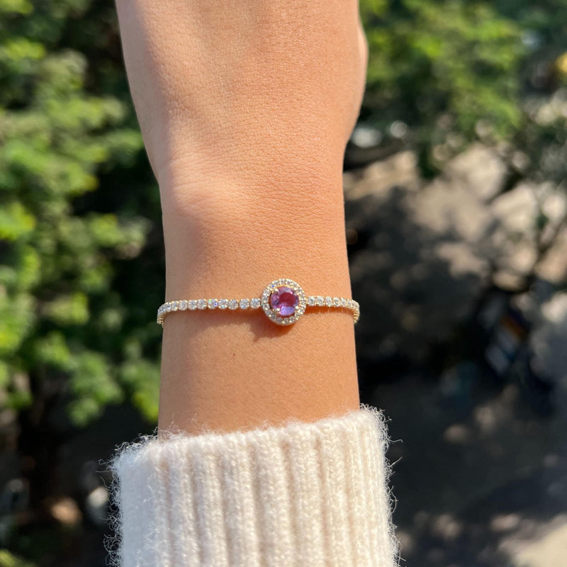 18k Solid Gold Round Natural Diamond Pink Sapphire Bracelet - Detail | Riyanika Jewels