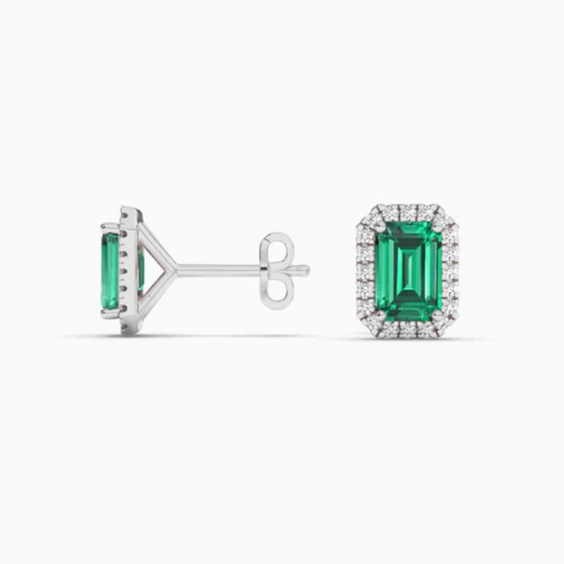 18k Solid Gold Natural Diamon Green Emerald Stud Earring - Alternate Angle | Riyanika Jewels