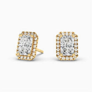 14K Natural Diamond Radiant Cut Halo Stud Earrings