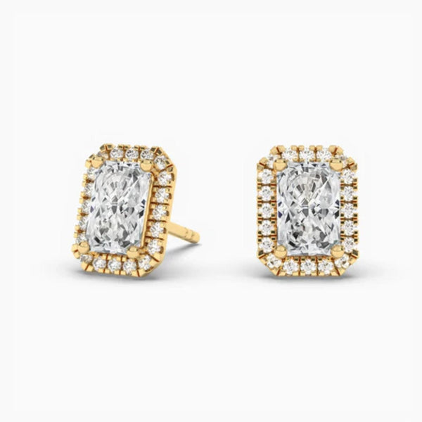 14K Natural Diamond Radiant Cut Halo Stud Earrings