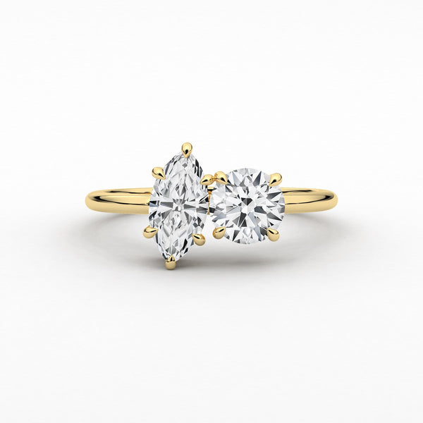 18K Solid Gold Natural Diamond Toi et Moi Ring – Marquise & Round Two-Stone Engagement Ring