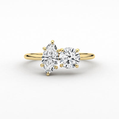 18K Solid Gold Natural Diamond Toi et Moi Ring – Marquise & Round Two-Stone Engagement Ring