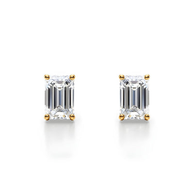 14K Solid Gold Natural Diamond Emerald-Cut Stud Earrings