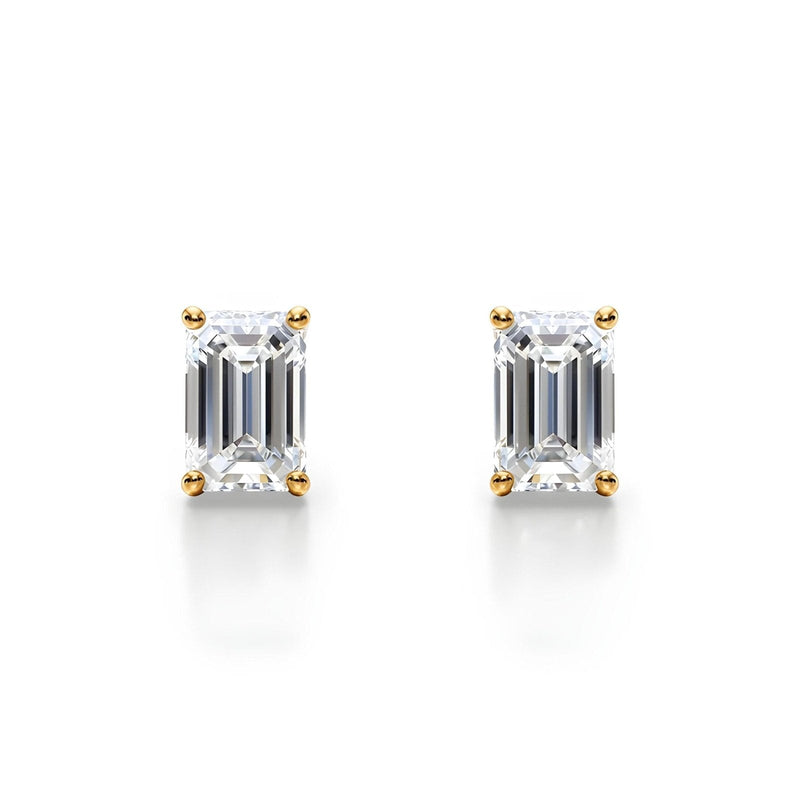14K Solid Gold Natural Diamond Emerald-Cut Stud Earrings