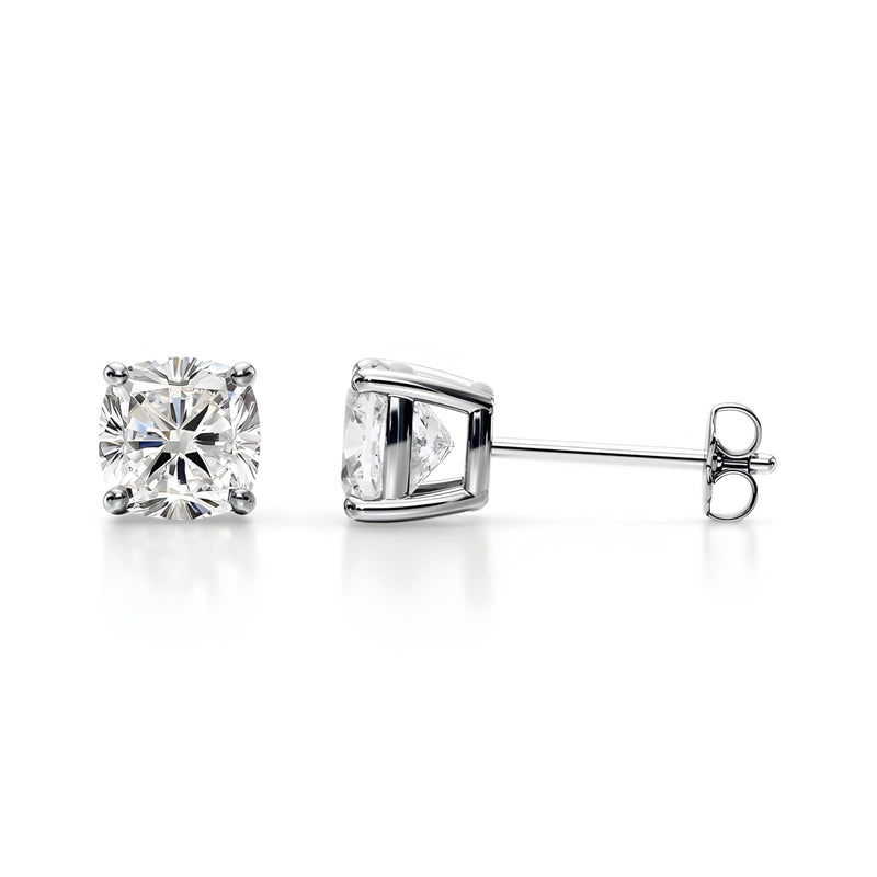 18K Solid Gold Lab Grown Diamond Cushion-Cut Stud Earrings - Detail | Riyanika Jewels
