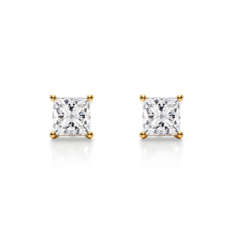 18K Solid Gold Natural Diamond Princess-Cut Stud Earrings - Close Up | Riyanika Jewels
