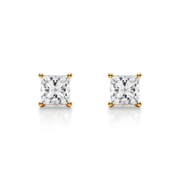 18K Solid Gold Natural Diamond Princess-Cut Stud Earrings