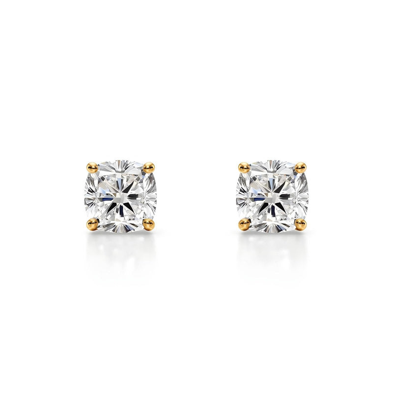 18K Solid Gold 1 CT Natural Diamond Cushion Cut Stud Earrings - Close Up | Riyanika Jewels