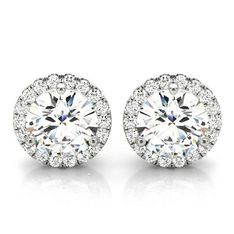 14K Natural Diamond Round Cut Halo Stud Earrings