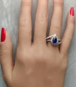 18K Solid Gold Blue Pear Sapphire & Lab Grown White Diamond 2.76 Carat Cocktail Ring - Image 5