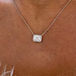 18K Solid Gold Lab Grown Diamond Emerald & Round Halo Pendant Necklace