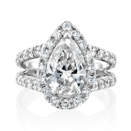 18K Solid Gold 4ct Pear Cut Natural Diamond Engagement Ring with a Halo and Split Prong Setting