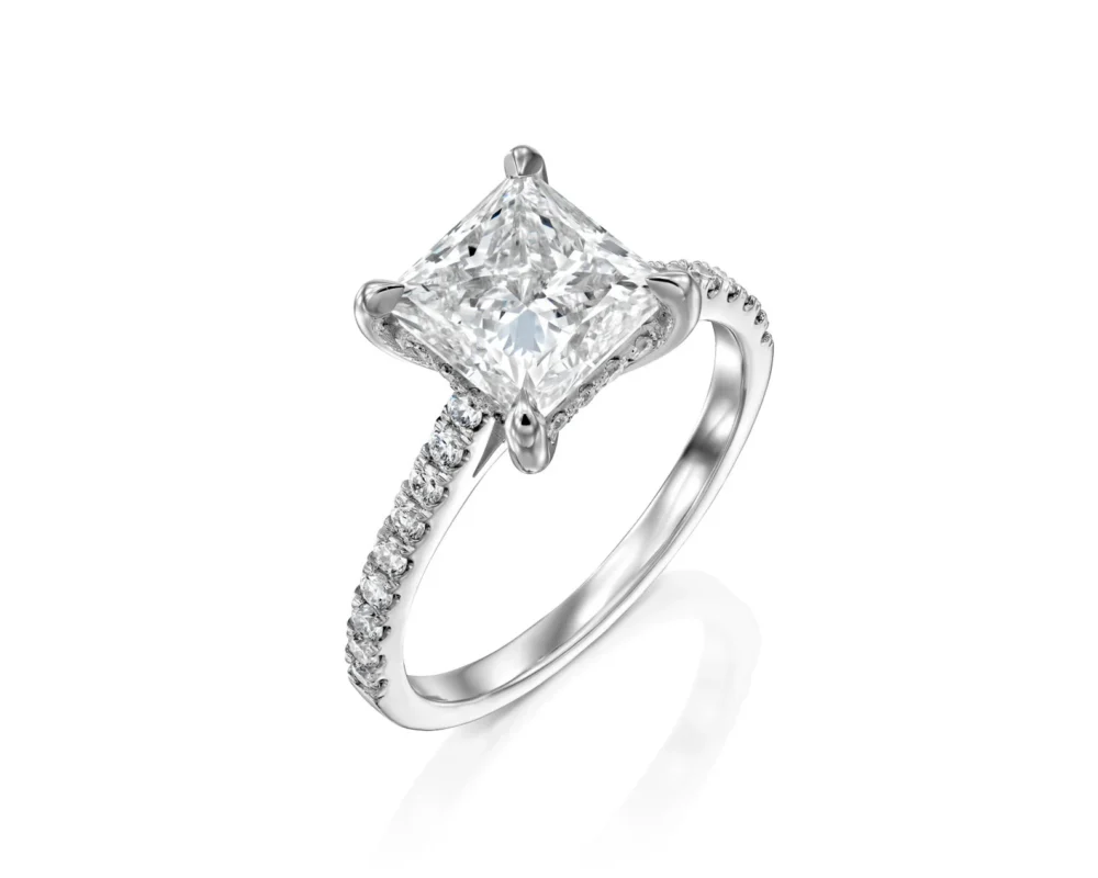 18K Solid Gold 2.25ct Princess Cut Natural Diamond set in a Classic Pave Engagement Ring