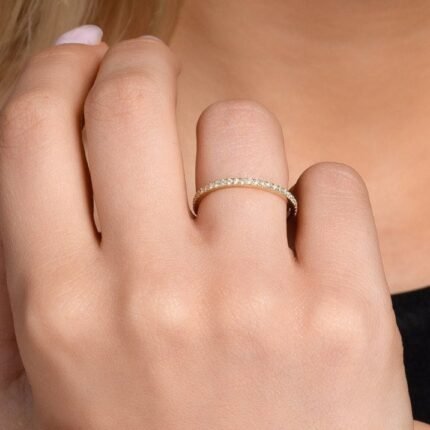 18K Solid Gold Skinny Thin Dainty Wedding Band With Paved Natural Diamonds