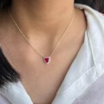 18k Solid Gold Ruby Natural Diamond Halo Style Pendant Necklace - Image 4