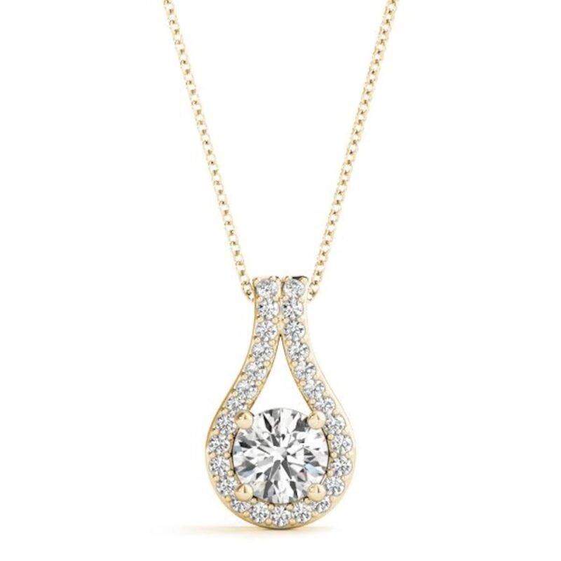 18K Solid Gold Teardrop Halo Natural Diamond Pendant Necklace